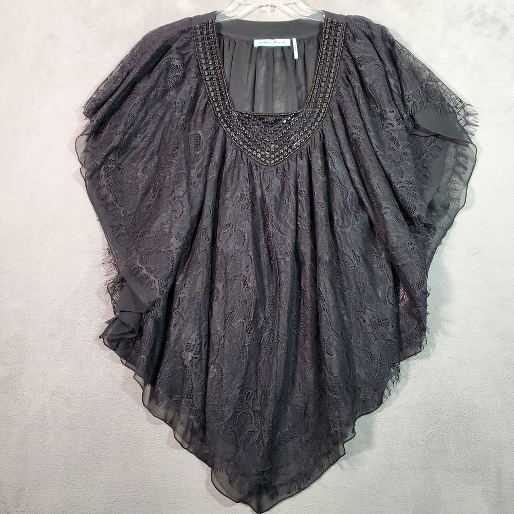 Guess by Marciano Poncho Blouse Womens S Black Lace Beaded Whimsigoth Romantic